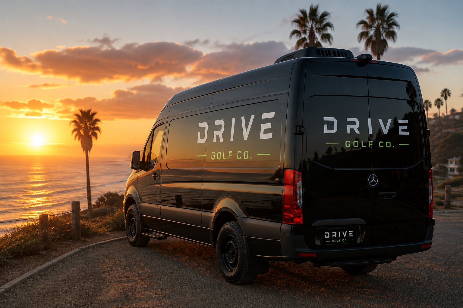 Drive Golf Co mobile golf van at the San Diego coast