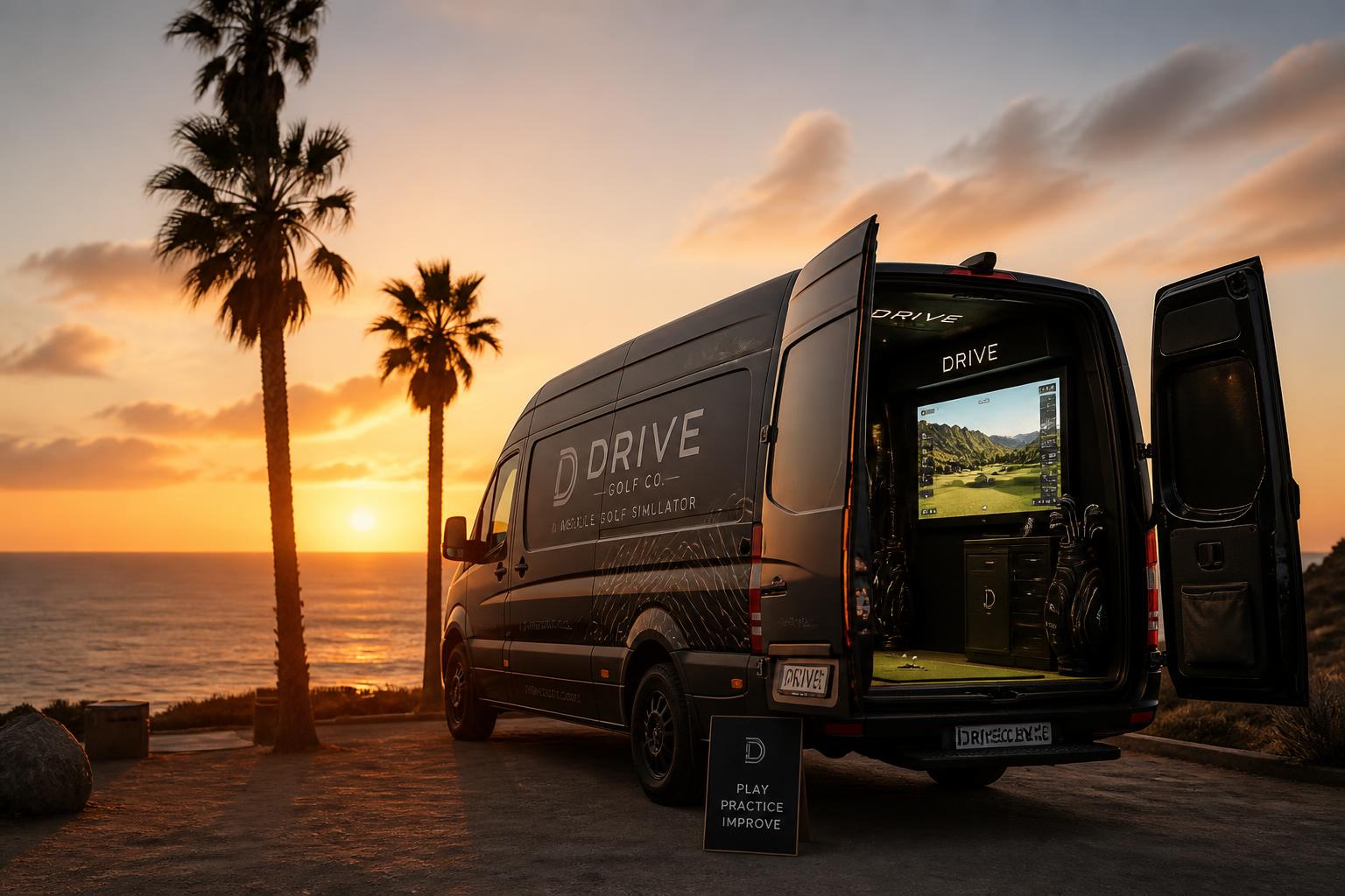 Drive Golf Co mobile golf van at the San Diego coast